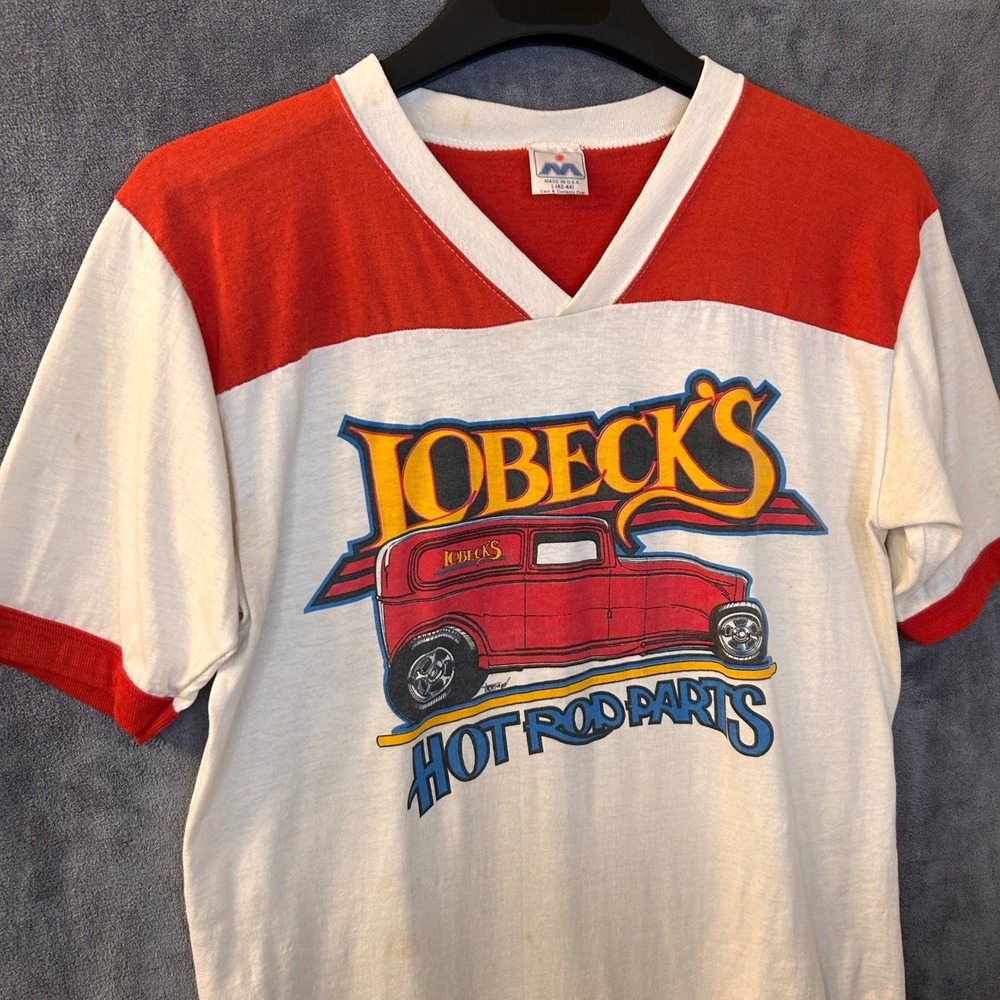 VTG 80s Lobeck's Hot Rod Parts Mens S (Lg Tag) V-Neck Football T-Shirt USA - Picture 4 of 16